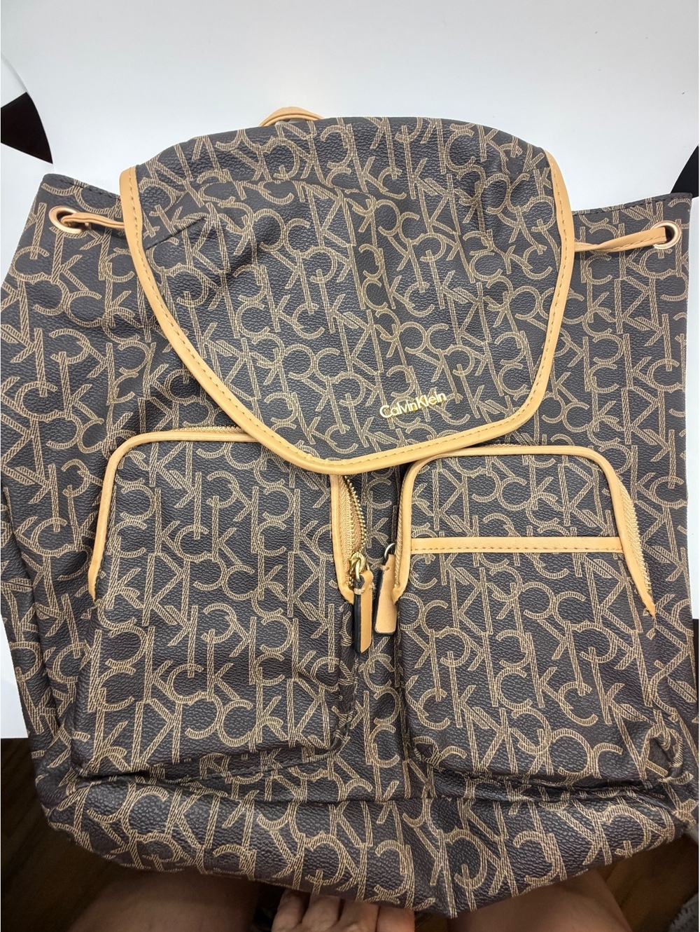 Calvin Klein Monogram Drawstring Backpack Brown Tan Logo Travel Bag